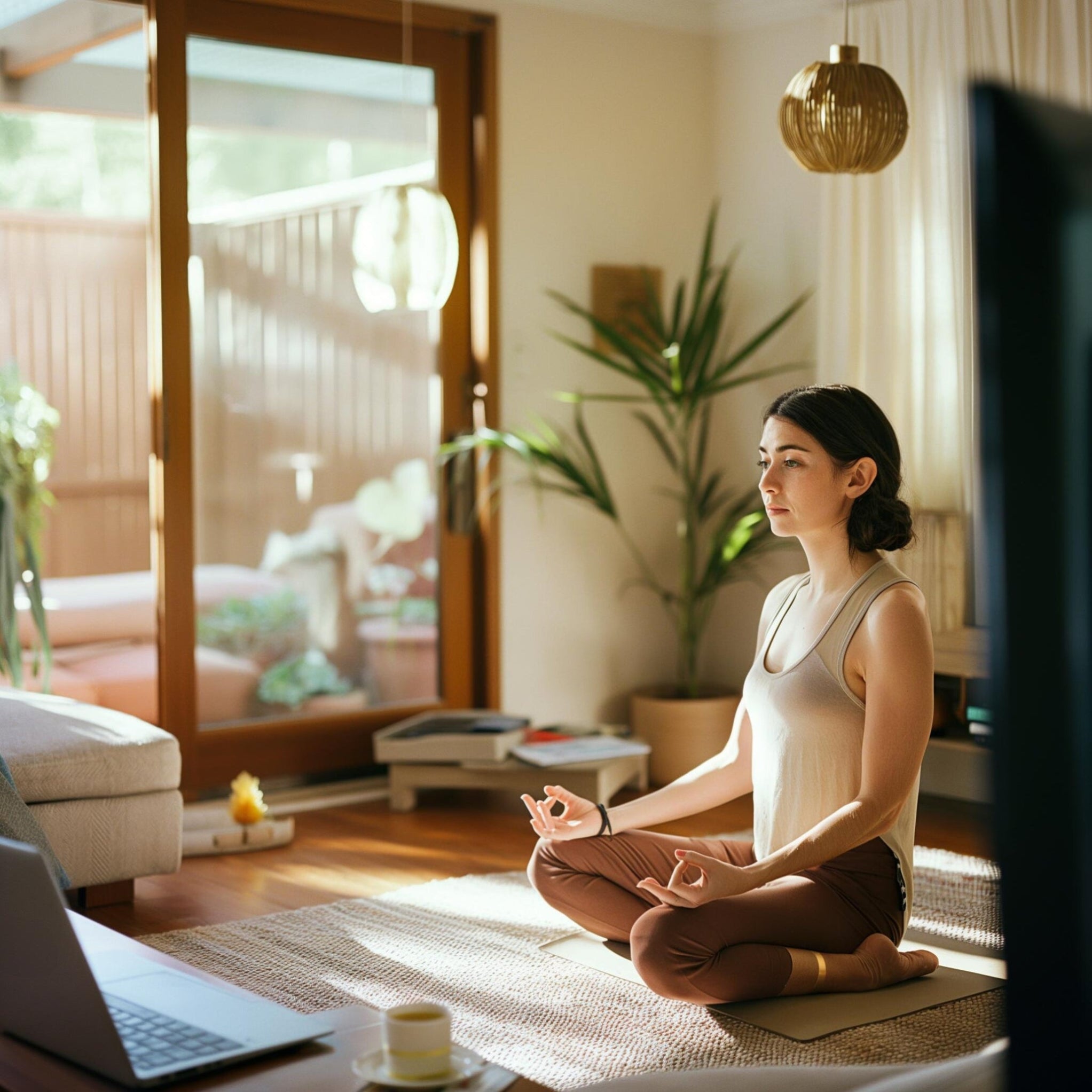 Woman practicing yoga in a home setting with a laptop open on a mat.